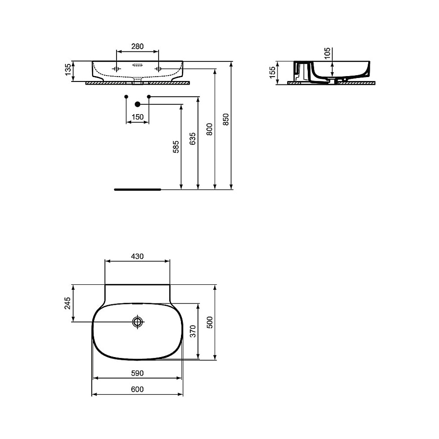 Раковина Ideal Standard Atelier Linda-X 60x50 см T498401 без отверстия под смеситель, с переливом, шлифованный низ, белый глянцевый