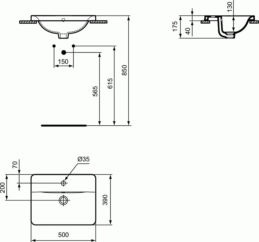 Прямоугольный встраиваемый на столешницу умывальник 50х39 см Ideal Standard CONNECT E504301