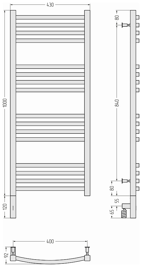 Электрический полотенцесушитель Сунержа Аркус 3.0 1000х400 МЭМ левый, Без покрытия, арт.00-5704-1040