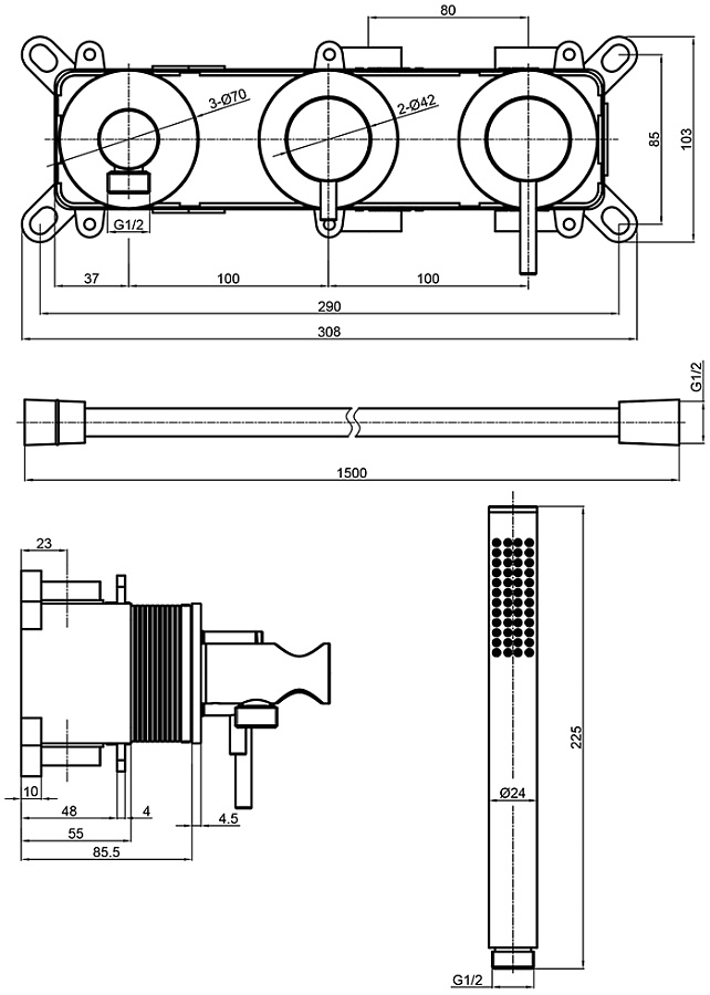 Смеситель для душа AQUAme Siena (арт.AQM8805) с внутренней частью, на 2-3 режима