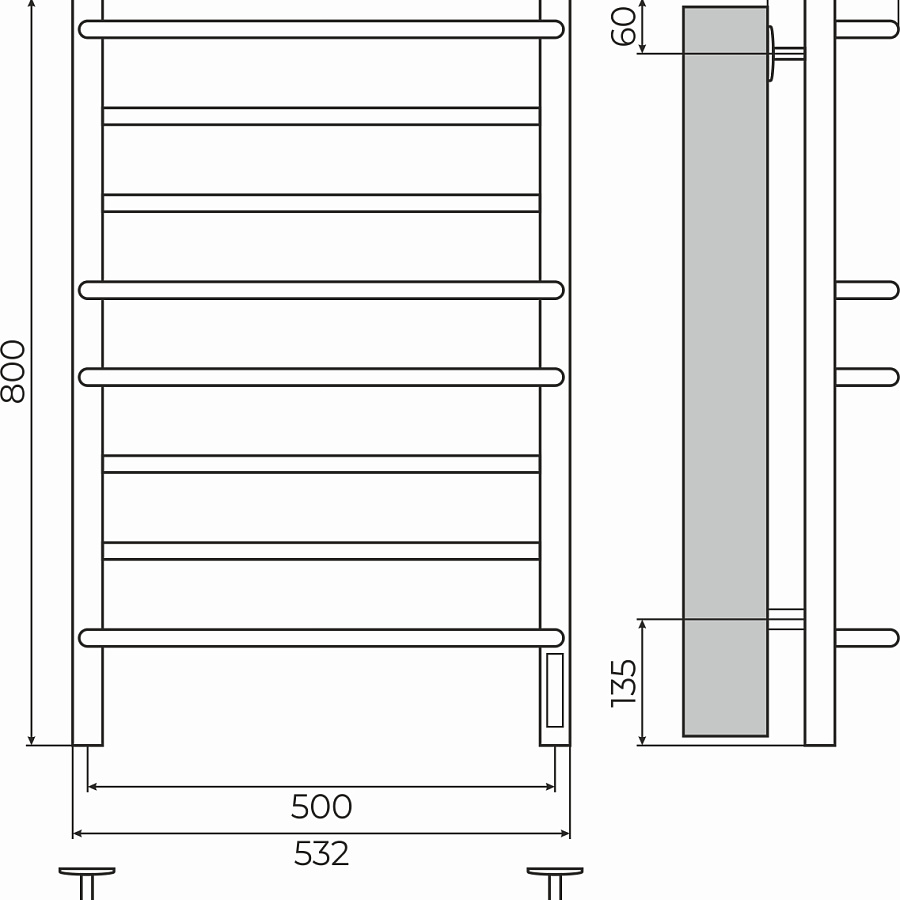 Евромикс П8 500х800 электро КС 9003 матовый ( new встроен диммер) Полотенцесушитель TERMINUS, арт.4670078554598