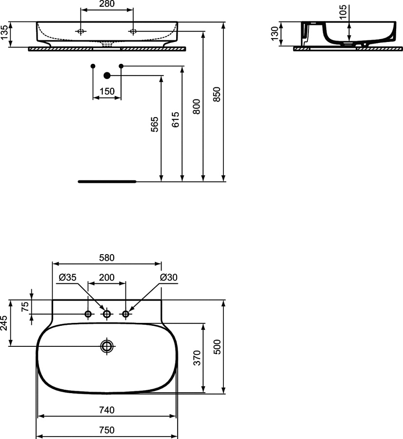 Раковина Ideal Standard Atelier Linda-X 75x50 см T499201 без перелива на три отверстия, шлифованный низ, белый глянцевый