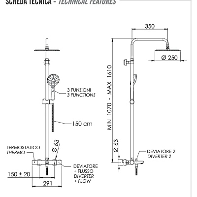 Душевая система термостатическая с изливом Remer EQ34A8MPUFM25NO, черный матовый
