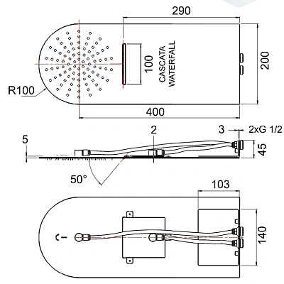Верхний душ настенный 50x20 см Remer 350UFMCAX, хром