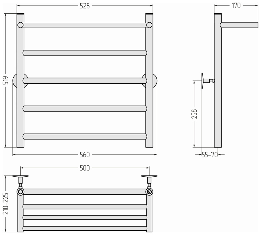 Водяной полотенцесушитель Стилье Универсал-54 600х500 (Полка + 4) П 21, Без покрытия, арт.00654-6050