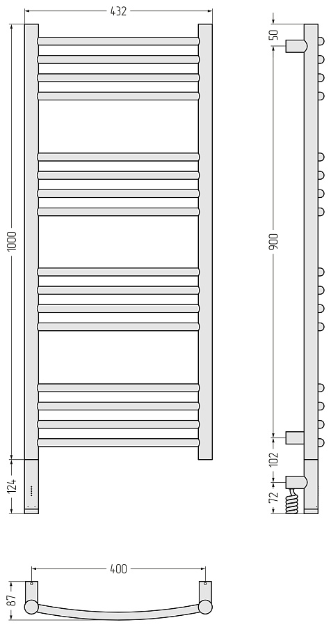 Электрический полотенцесушитель Сунержа Богема 3.1 выгнутая 1000х400 МЭМ левый, Без покрытия, арт.00-6002-1040