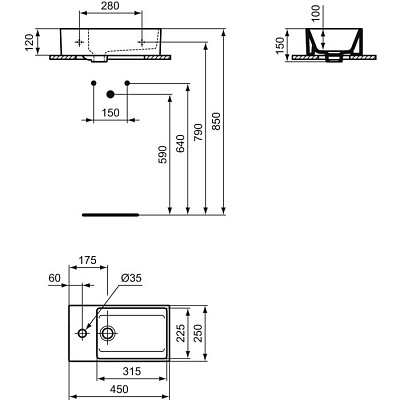 Умывальник  Ideal Standard Extra 45X25 см, 1 отверстие под смеситель слева T373301