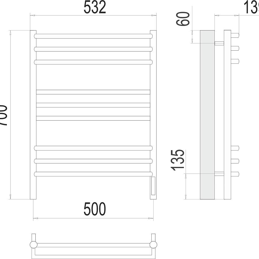 Прато П9 500х700 электро (sensor quick touch) Полотенцесушитель TERMINUS, арт.4670078531506