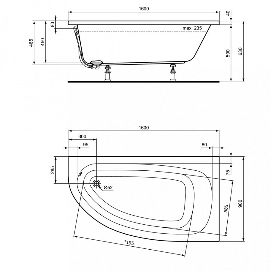 Акриловая ванна Ideal Standard HOTLINE 160X90 см правая
