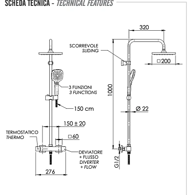 Душевая система термостатическая Remer Absolute ST32X8CPSD25, хром