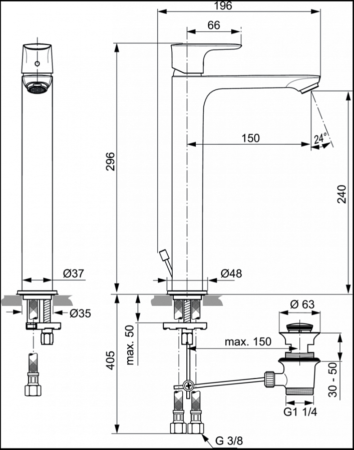 Смеситель Ideal Standard Connect Air Vessel A7025AA для раковины, с донным клапаном