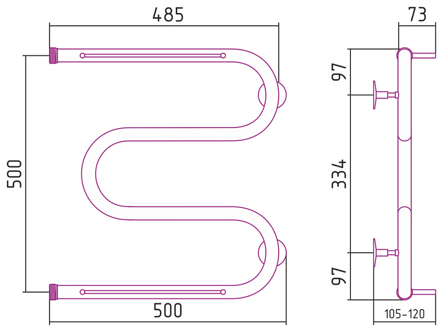 Водяной полотенцесушитель Стилье М-образный 2 полки 500х500 резьба-сгон 1", Без покрытия, арт.00014-5050