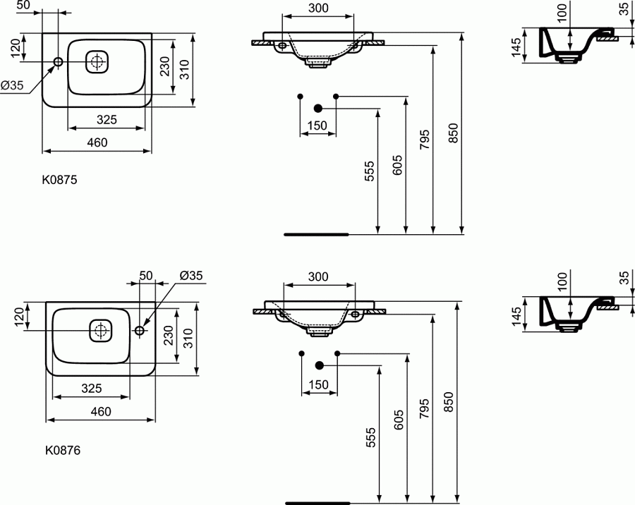 Асимметричный подвесной умывальник 46x31 см Ideal Standard TONIC II Guest K087501