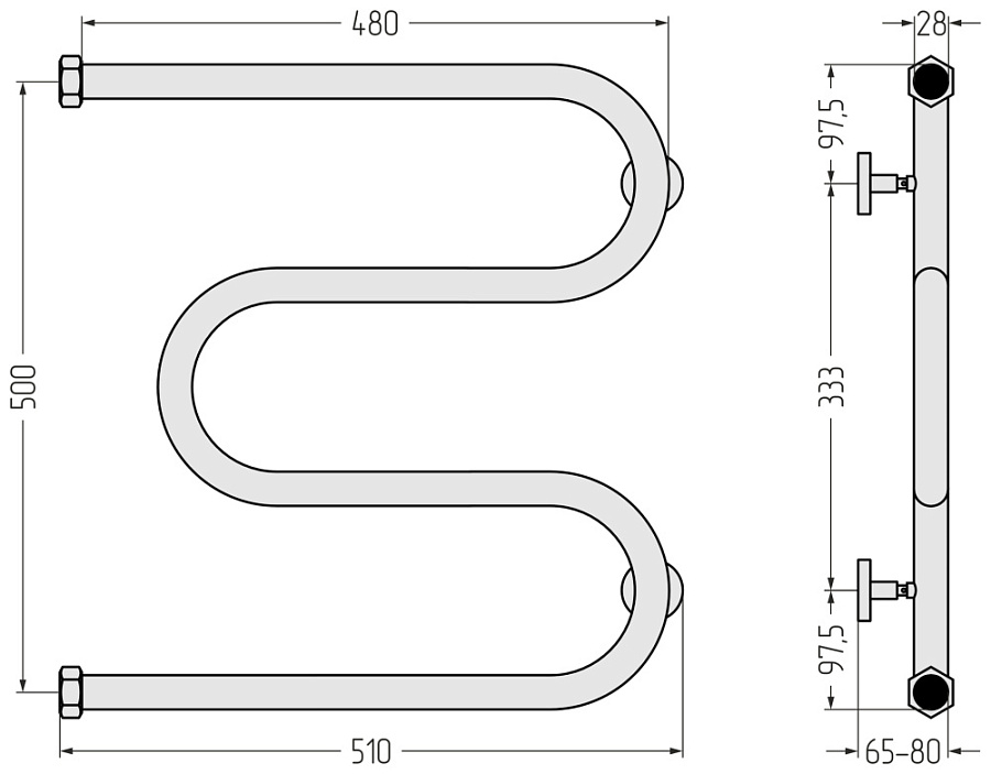 Водяной полотенцесушитель Сунержа М-образный+ 500х500, Без покрытия, арт.00-4007-5050