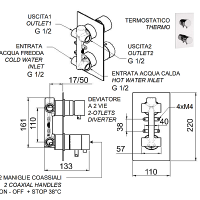 Смеситель термостатический для душа Remer Elegance NT92Q. Хром