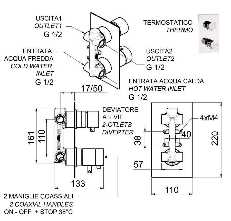Смеситель термостатический для душа Remer Elegance NT92Q. Хром