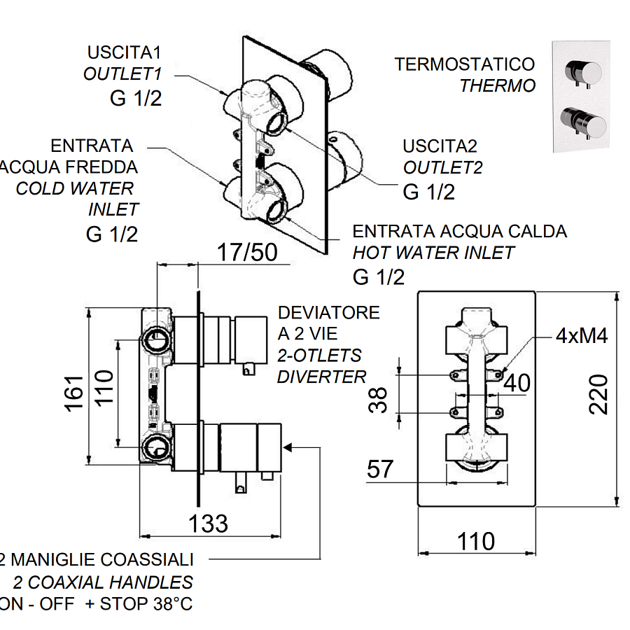 Смеситель термостатический для душа Remer Elegance NT92Q. Хром