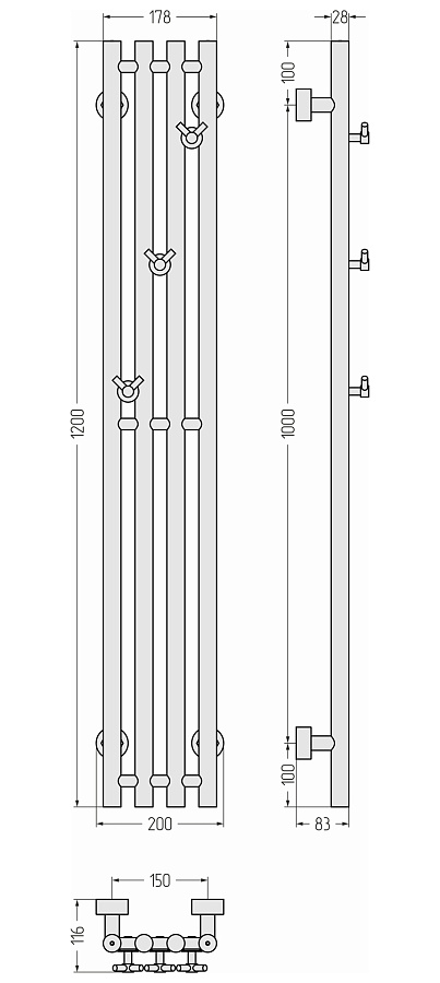 Водяной полотенцесушитель Сунержа Кантата PRO 1200х150, Без покрытия, арт.00-0446-1215