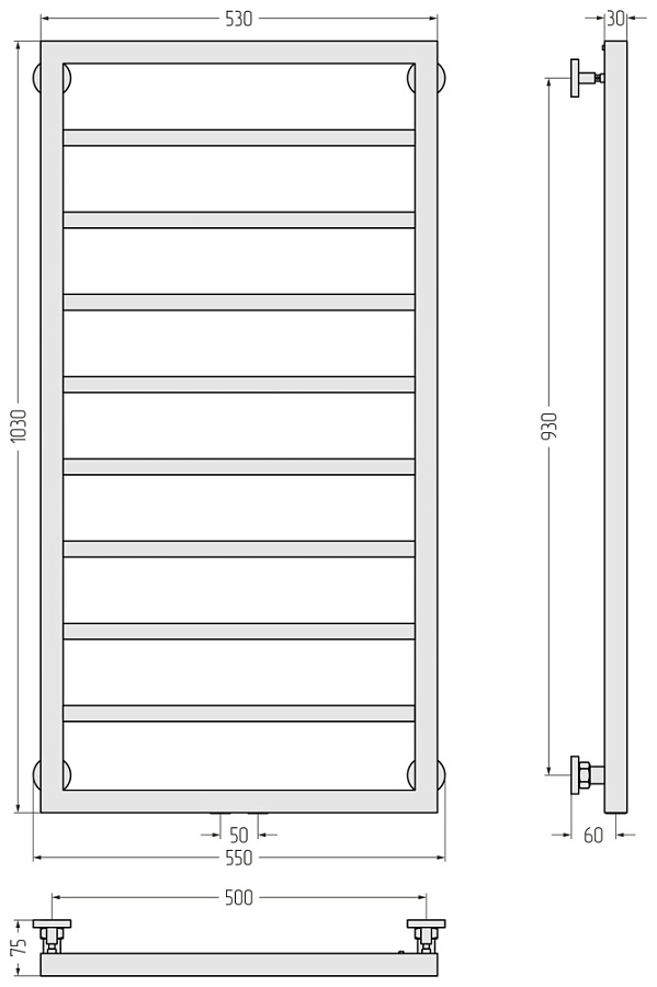 Водяной полотенцесушитель Сунержа Канцлер 1000х500, Без покрытия, арт.00-0254-1050