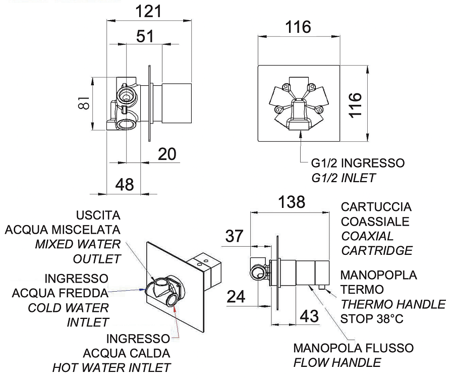 Смеситель термостатический для душа Remer Q-Elegance QT94C, хром