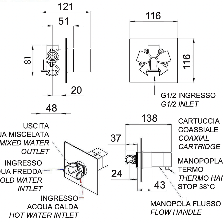 Смеситель термостатический для душа Remer Q-Elegance QT94C, хром