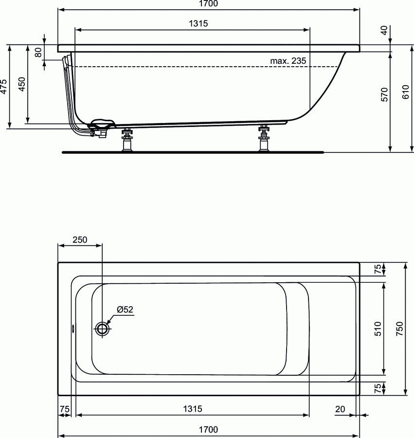 Встраиваемая акриловая прямоугольная ванна 170х75 см Ideal Standard CONNECT AIR E106401
