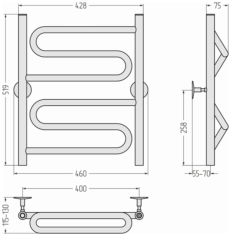 Водяной полотенцесушитель Стилье Универсал-51 600х400 (2) Z 21, Без покрытия, арт.00651-6040