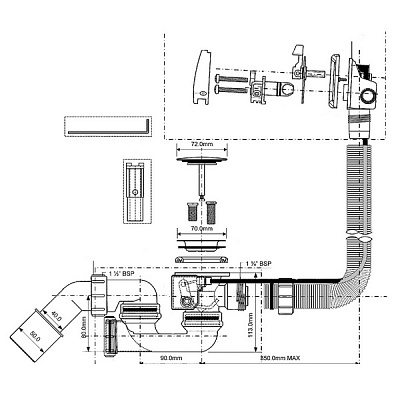Сифон с наполнением для ванны McAlpine HCN3100CB-15MM, полуавтомат (макс.650мм длина до перелива), хром