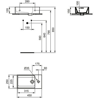 Умывальник  Ideal Standard Extra 45X25 см, 1 отверстие под смеситель справа T373401