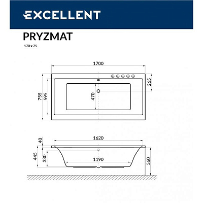 Акриловая ванна Excellent Pryzmat Slim 170х75
