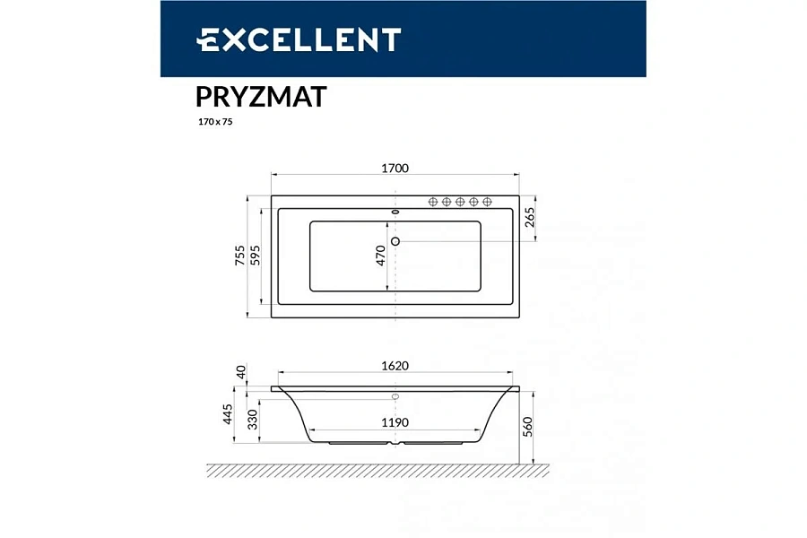 Акриловая ванна Excellent Pryzmat Slim 170х75