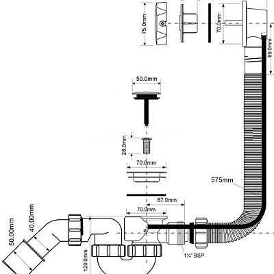 Сифон для ванны (слив-перелив) McAlpine MRB2W-PB, полуавтомат (575мм), белый