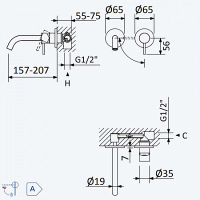 Смеситель для раковины на 2 отверстия, настенный. Длина излива 200 мм Bruma Leaf 167 012 1CR Cromado