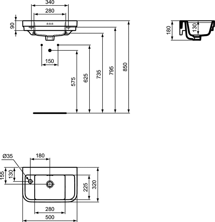 Рукомойник Ideal Standard Atelier Calla 50x32 см E223301, левый