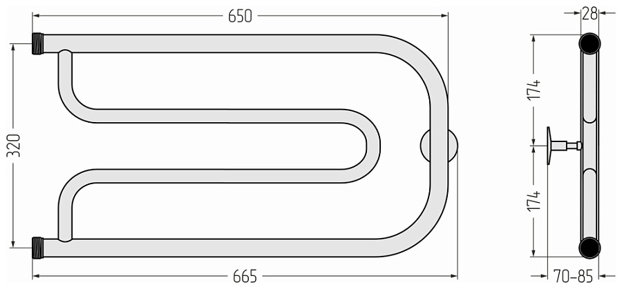 Водяной полотенцесушитель Стилье Дуэт 320х650 резьба-сгон 1", Без покрытия, арт.00010-3265