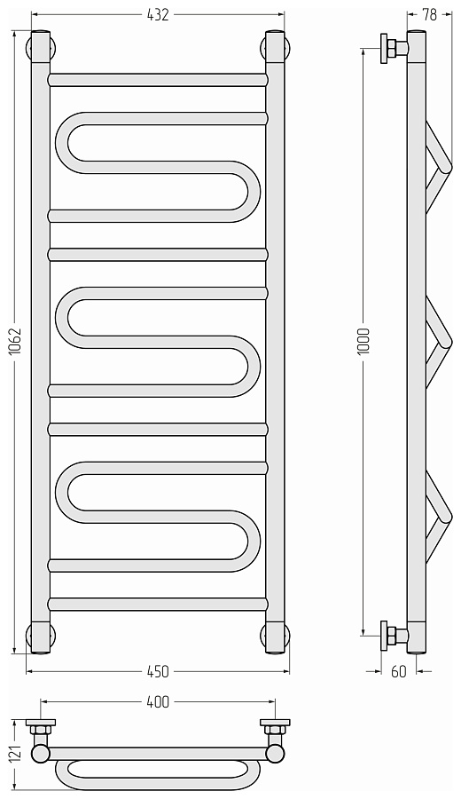 Водяной полотенцесушитель Сунержа Элегия+ 1000х400, Матовый чёрный, арт.31-0205-1040